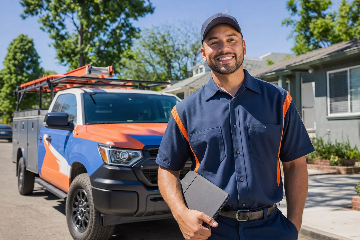 A smiling Copperline technician with a branded service truck on a sunny Valley street